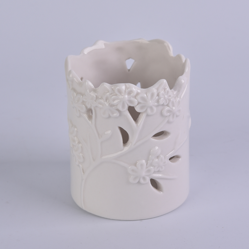 Custom white flower perforated ceramic wedding candle holder