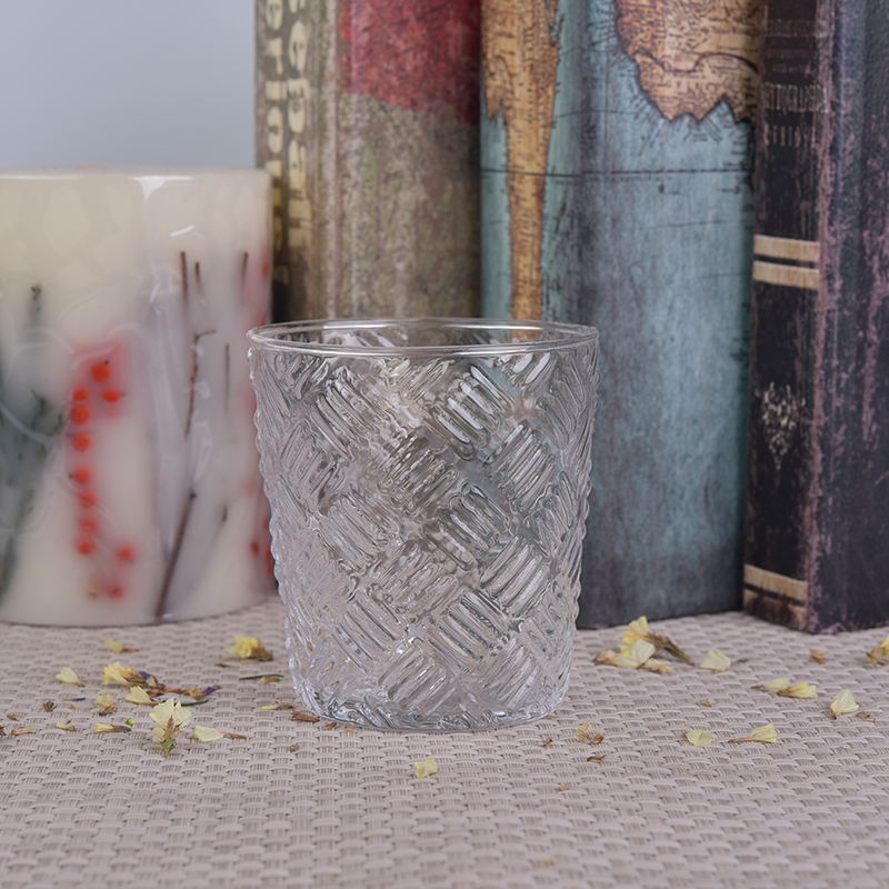 Square embossed glass candle holder 