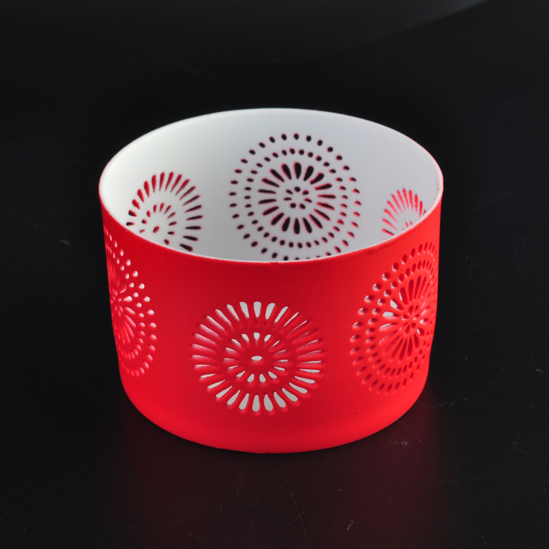 Red hollow flower ceramic round tealight holder