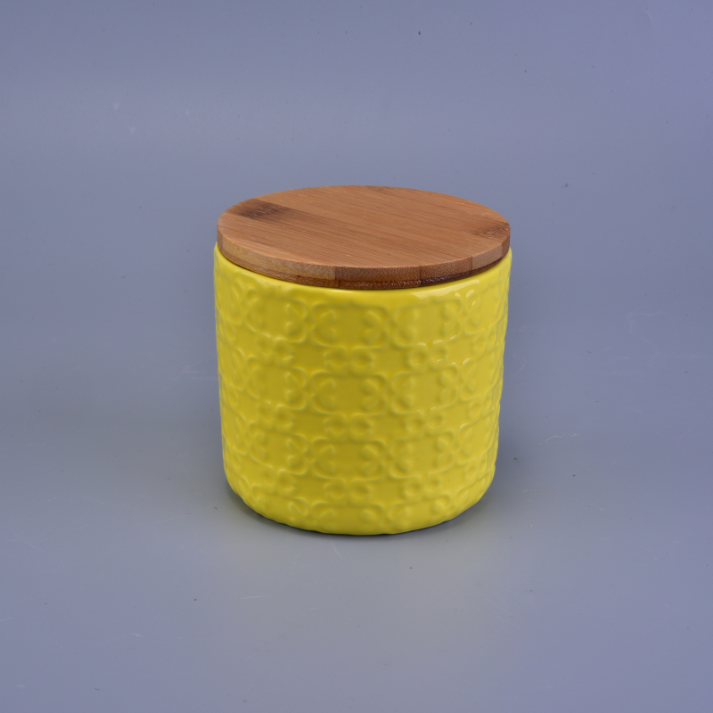 matte yellow embossed ceramic candle jar with wooden lid