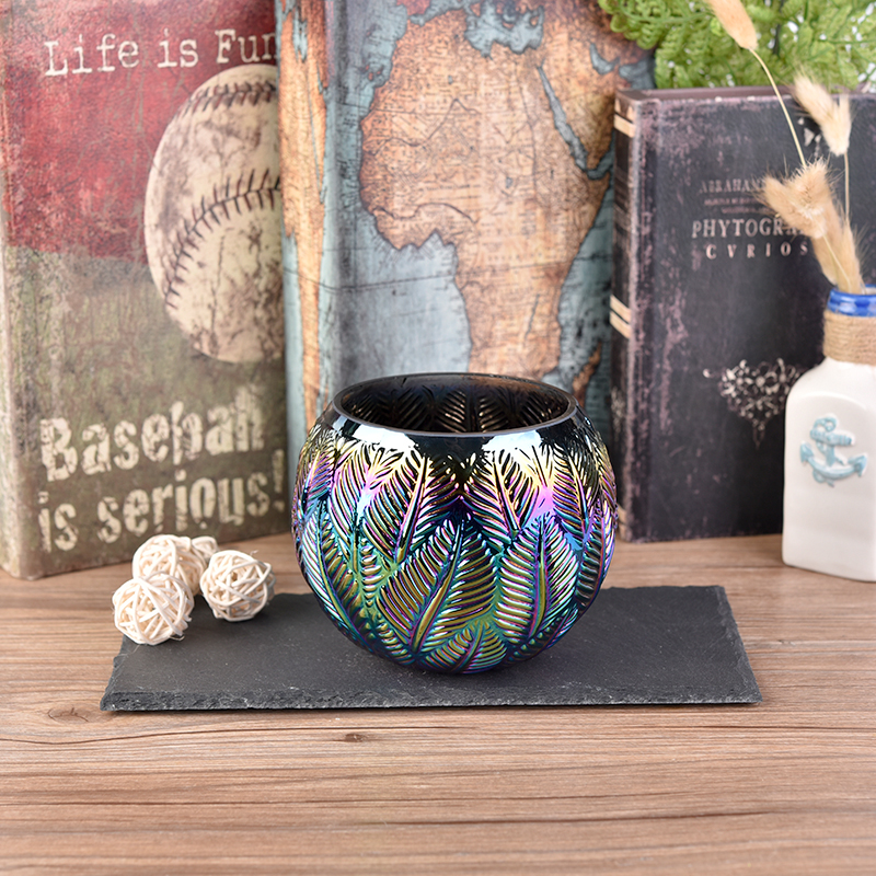 Spherical rainbow color plating glass candle holder