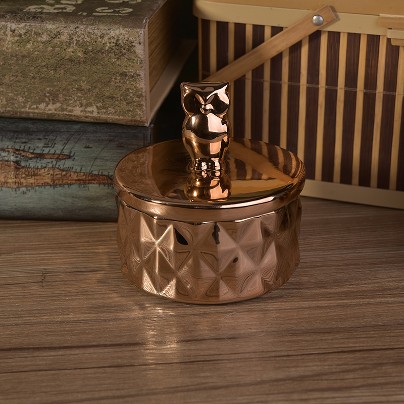 rose gold plating ceramic candle jar with owl shape lid