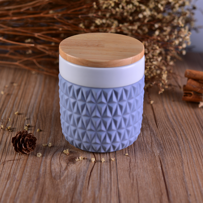 Blue round diamond ceramic jar with wood lid