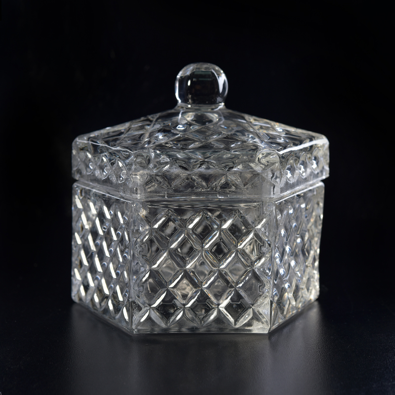 350ml Hexagon shape  rhombus design glass candle holder with lid