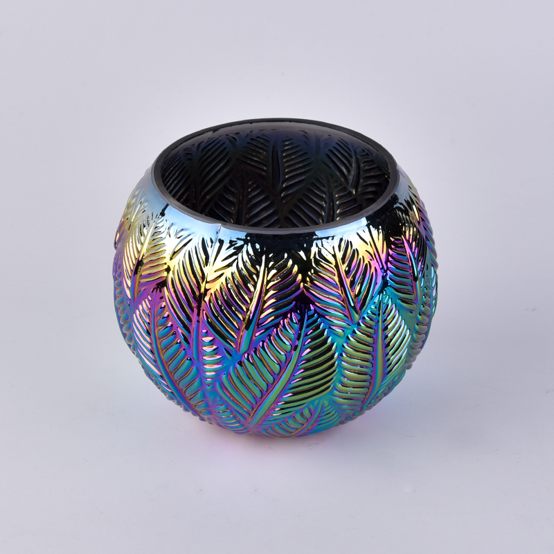 Spherical rainbow color plating glass candle holder