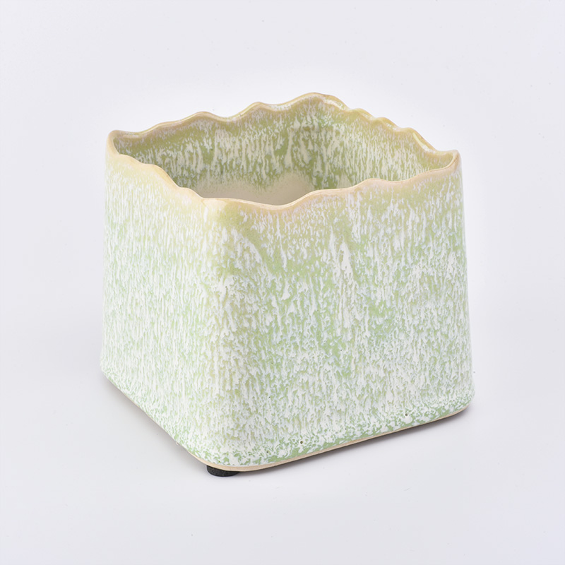 Green transmutation glazed square ceramic candle holder