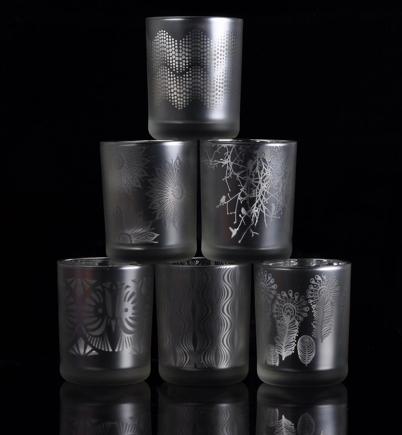 cylinder plating glass candle jar with laser printing pattern