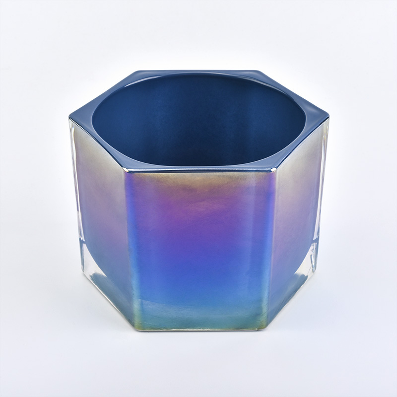 Iridescent electroplate effect polygon glass candle holder 