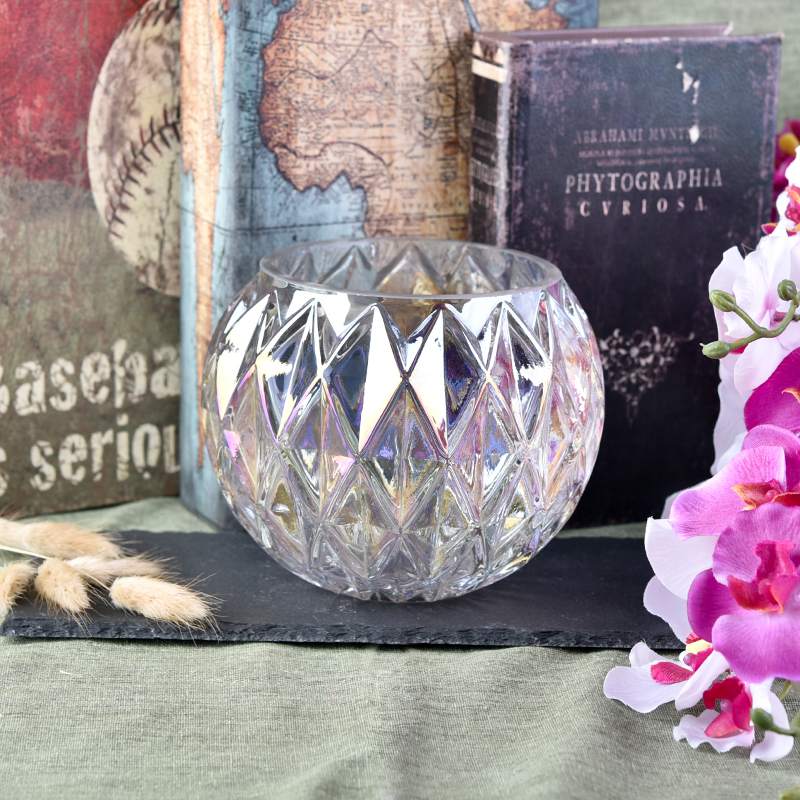 Plating gorgeous iridescent glass candle holder with diamond pattern