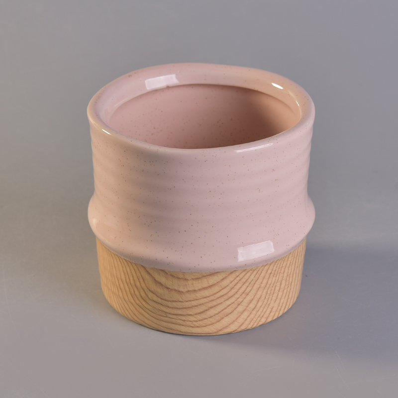 Pink glaze wooden bottom ceramic candle holder wholesale