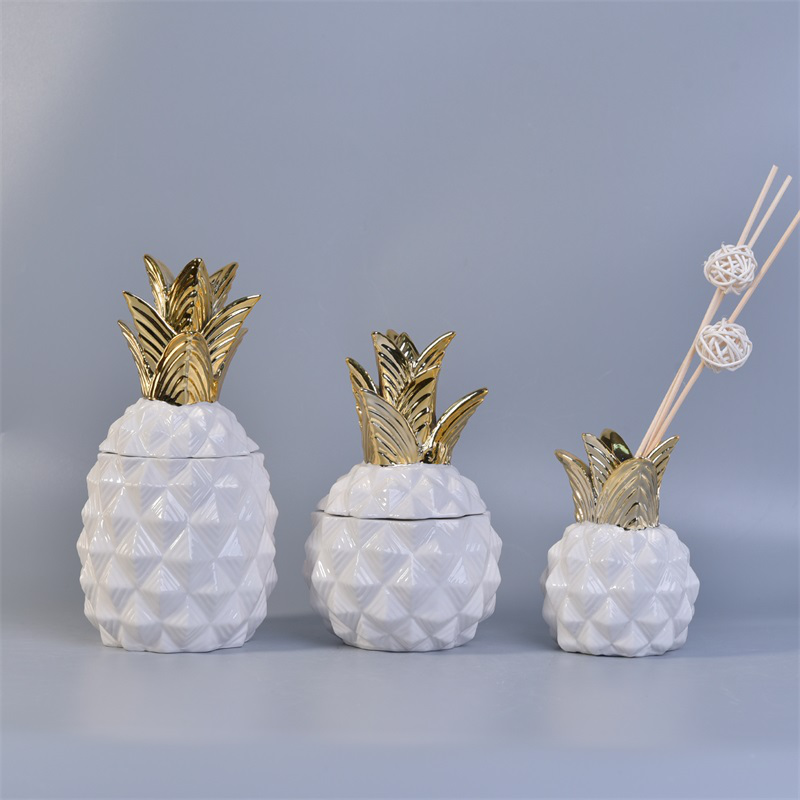 Gold Electroplating Pineapple Ceramic Candle Container