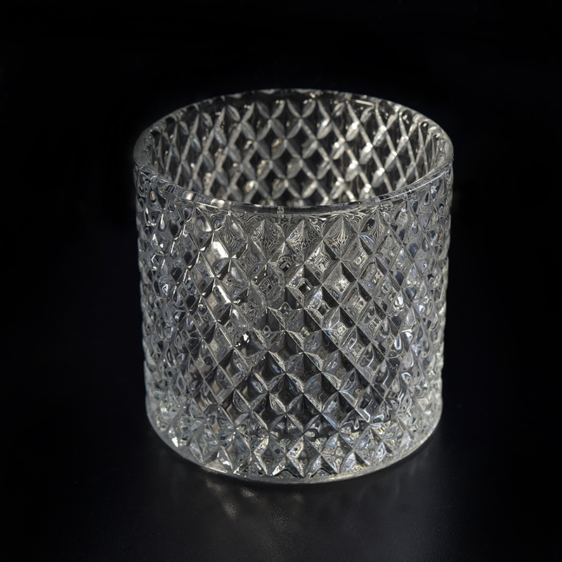 clear cylinder glass candle holder diamond embossed surface