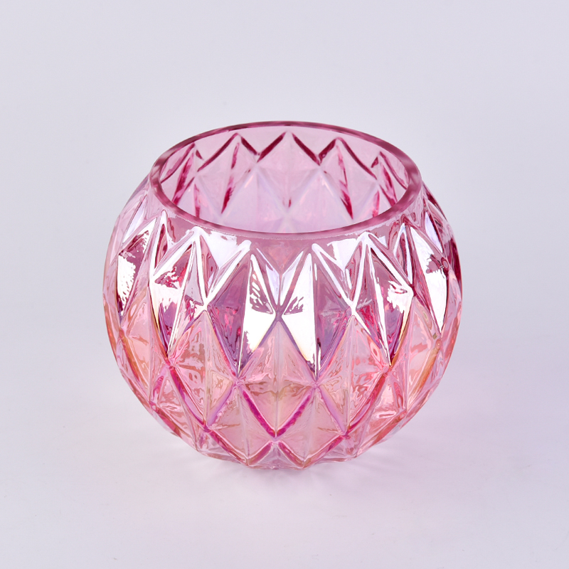 Pink electroplated geometric pattern embossed glass candle jar 