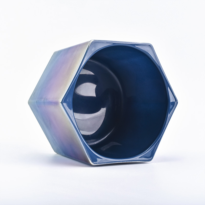 Hexagon iridescent glass candle holder