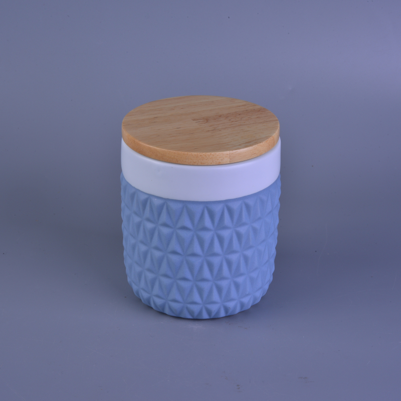 Blue round diamond ceramic jar with wood lid