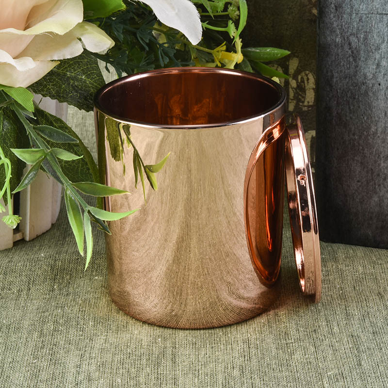 solid rose gold electroplating cylinder glass candle jar with lid