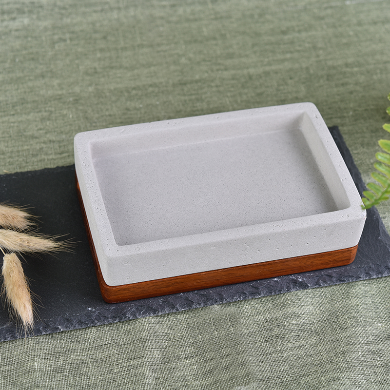 Unique square concrete soap dish with wood base