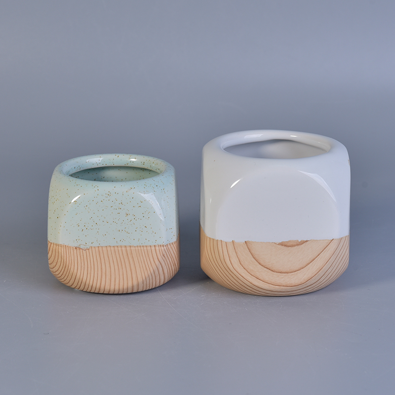 Ceramic candle tealight holder votive jar with wooden bottom 