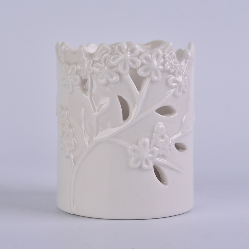 Custom white flower perforated ceramic wedding candle holder