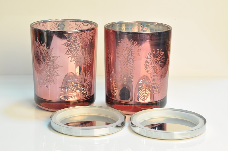 rose gold plating glass candle jar with flower laser pattern