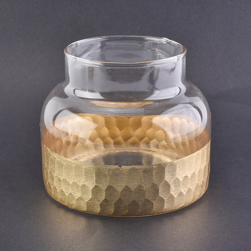 Hurricane glass candle jar with gold bottom 