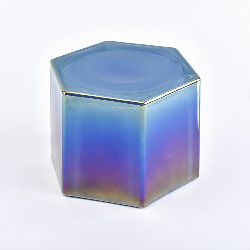 Iridescent electroplate effect polygon glass candle holder 