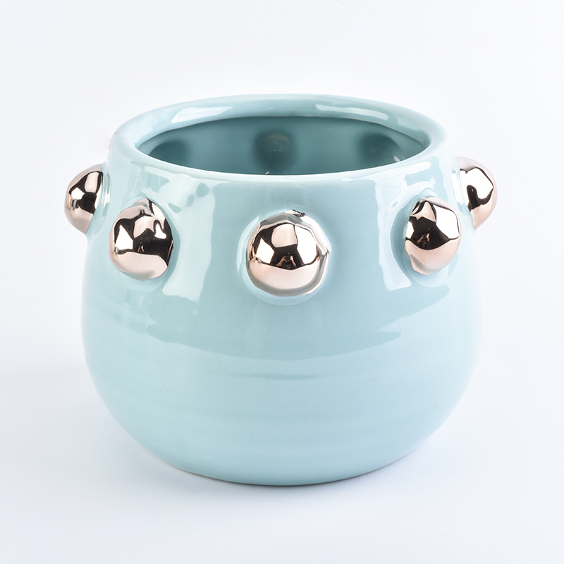 Cute ceramic candle jar blue color glossy surface finish