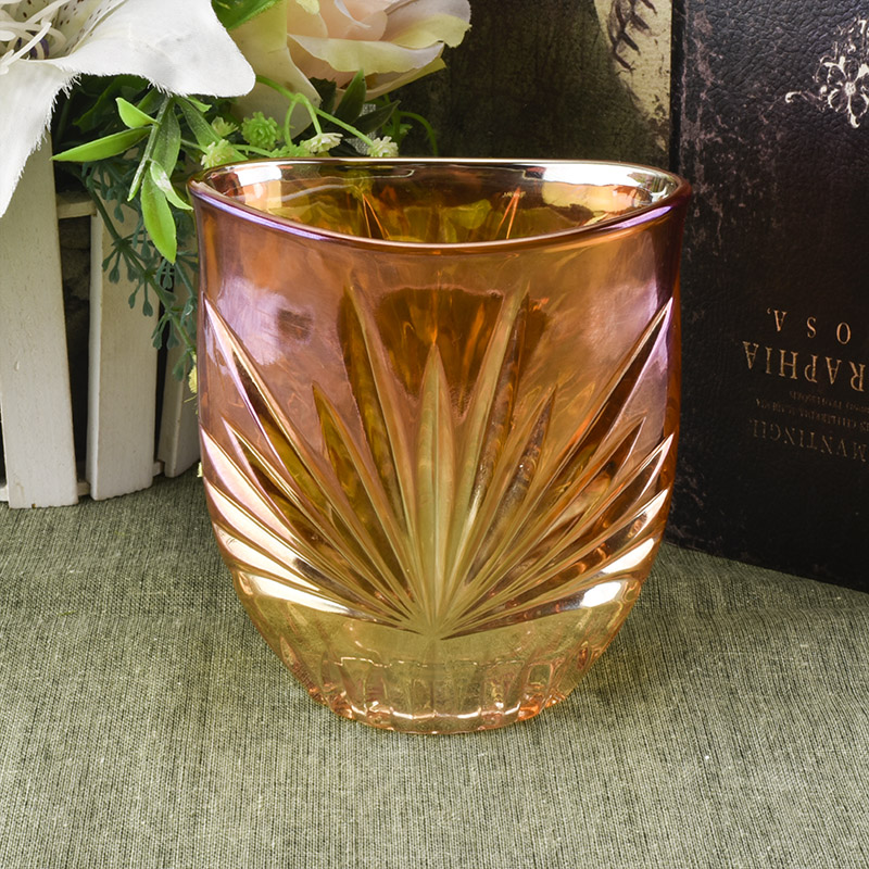 Embossed pattern glass candle holder shiny electroplated flat mouth container