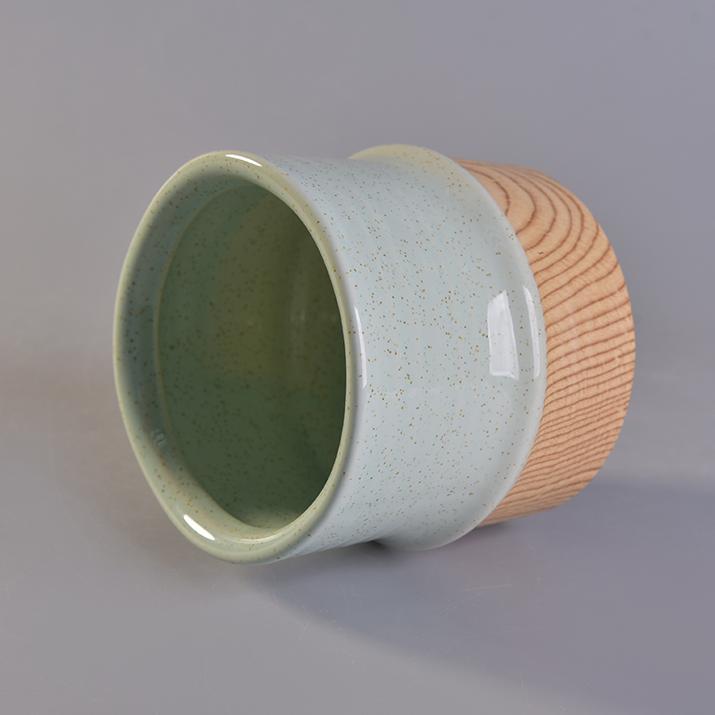 Green glaze ceramic candle holder with wooden bottom popular in market