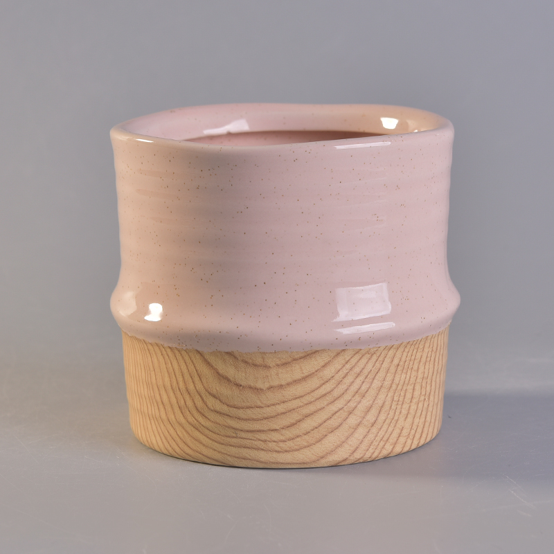 Pink glaze wooden bottom ceramic candle holder wholesale