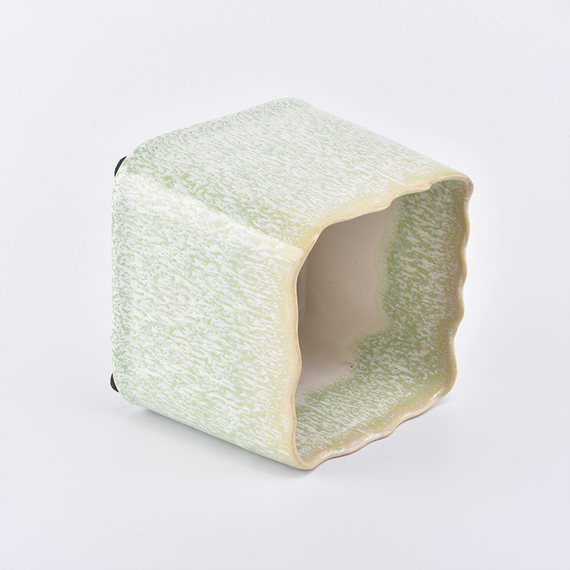 Green transmutation glazed square ceramic candle holder