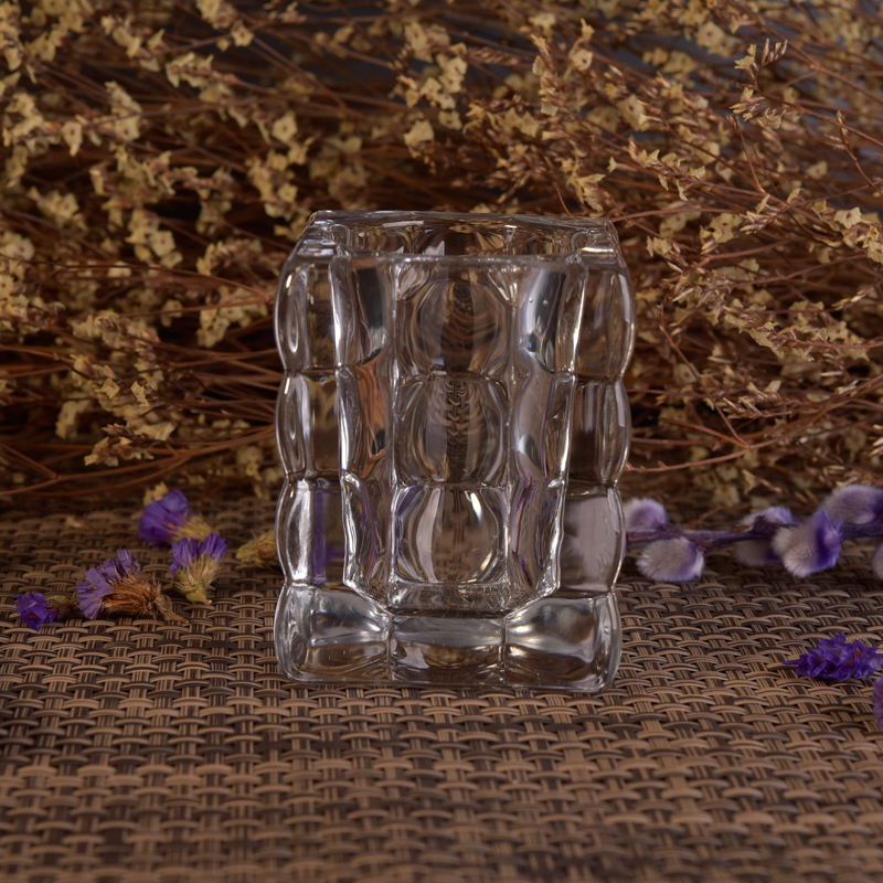 Diamond embossed square glass candle holder