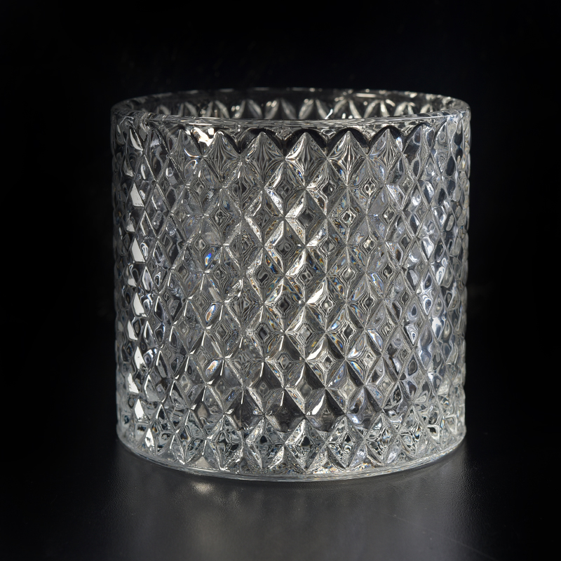 clear cylinder glass candle holder diamond embossed surface