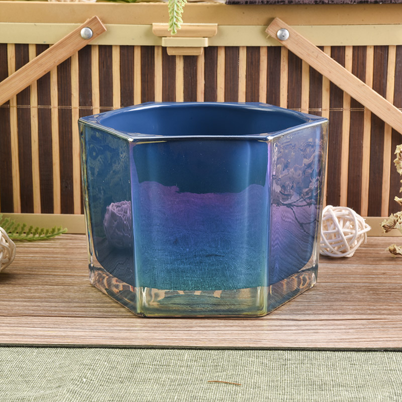 Hexagon iridescent glass candle holder