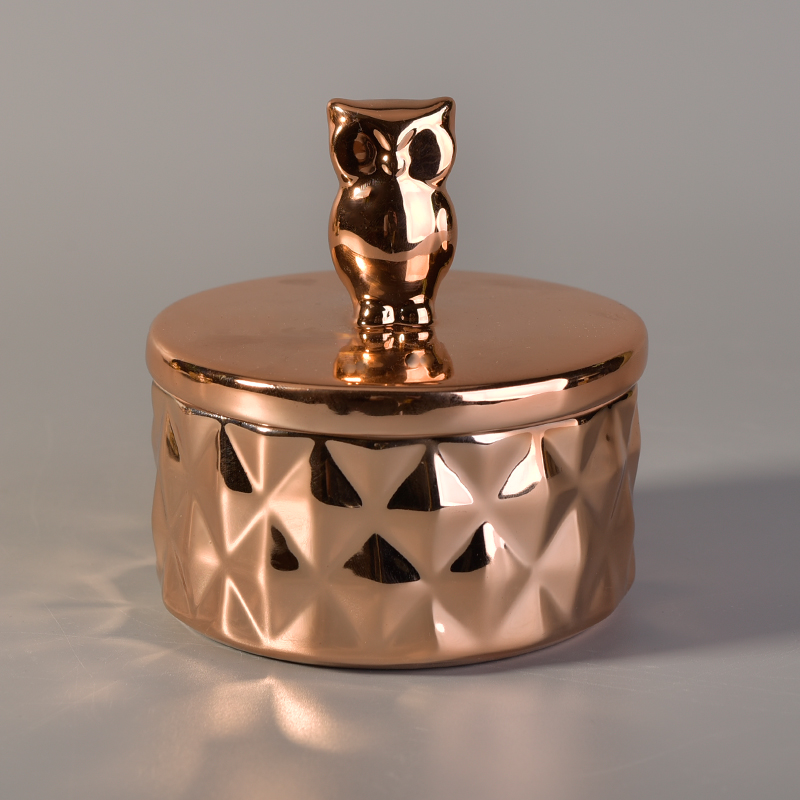 rose gold plating ceramic candle jar with owl shape lid