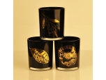 Black glass candle vessel with real gold decor various patterns