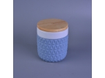 Blue round diamond ceramic jar with wood lid