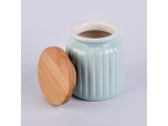 Blue stripe ceramic jar with wooden lid