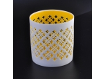 White hollow-out ceramic candle holder vessel flower pattern yellow inner